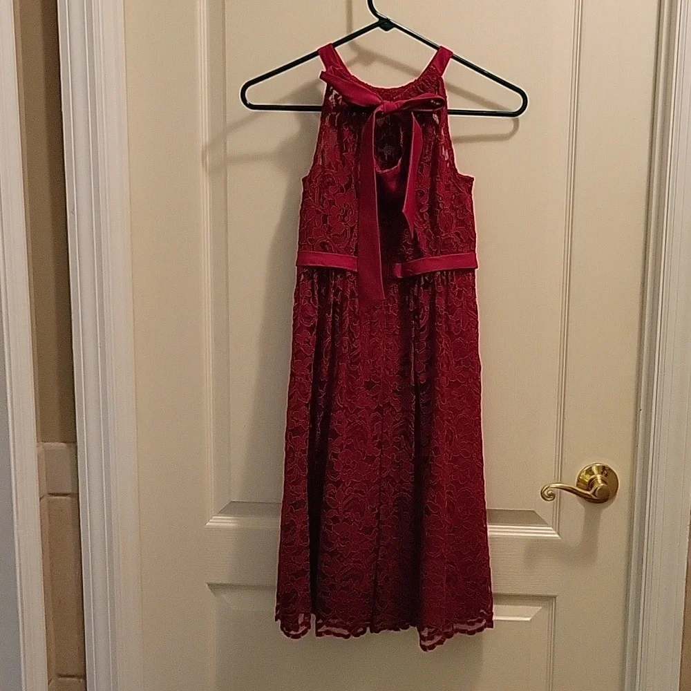 David's Bridal dark cranberry lace dress empire waist ribbontrim tieback 12 EUC… - Picture 3 of 5
